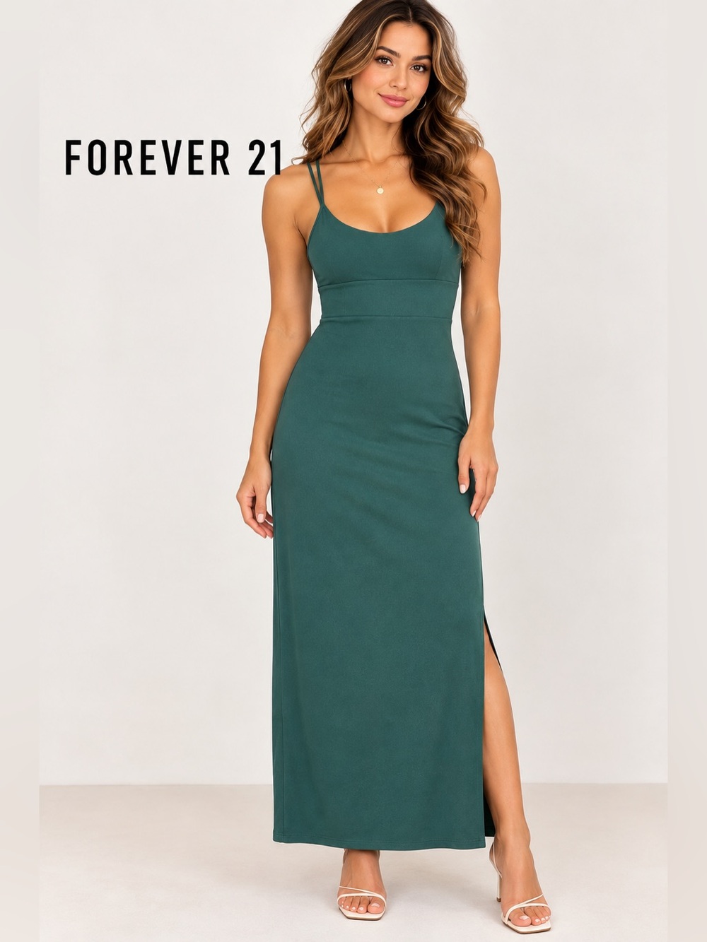 Forever 21 Maxi Slip Dress Teal Green Strappy Back Size L